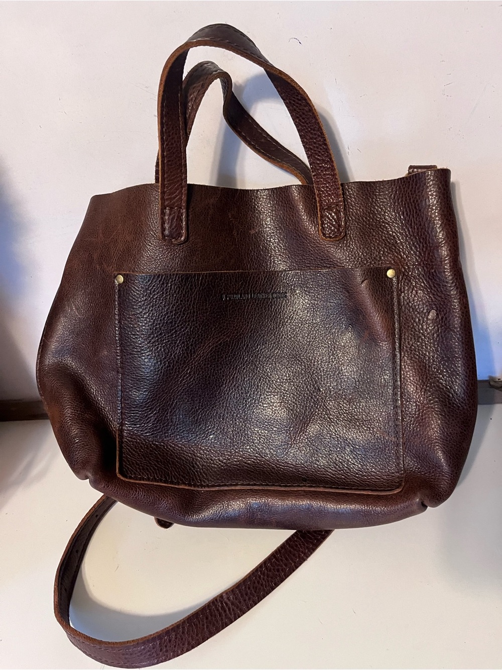 Portland Leather Goods Brown Mini Crossbody Tote Double Handles Removable Strap
